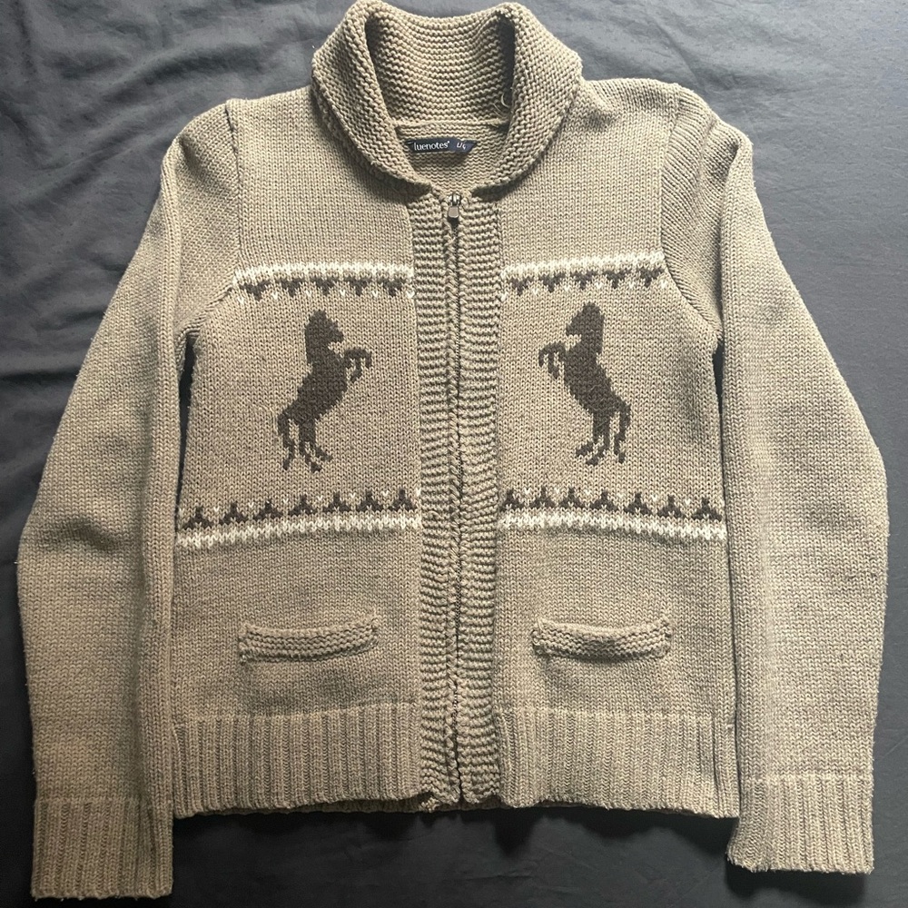 Bluenotes Taupe Zip-Up Shawl Collar Men’s Sweater with Horse Motif